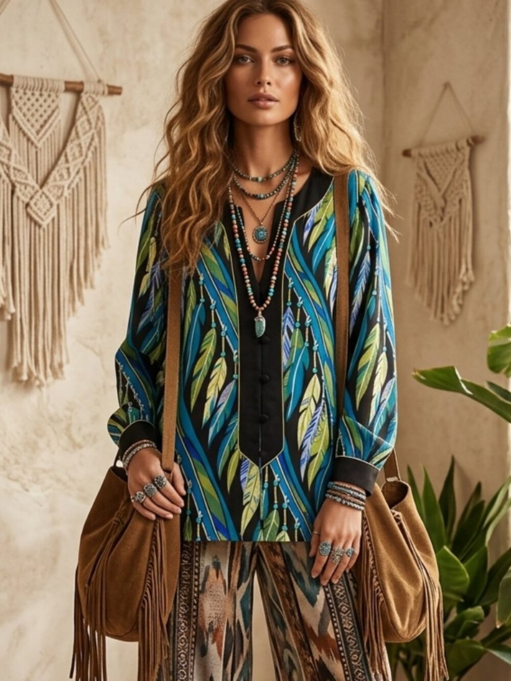 Boho Leaf-Print V-Neck Tunic in Teal & Green